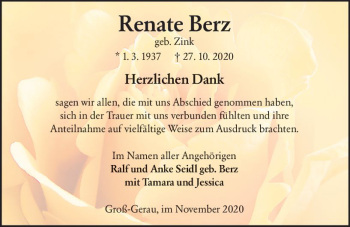 Traueranzeige von Renate Berz von vrm-trauer
