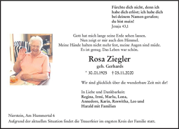 Traueranzeige von Rosa Ziegler von vrm-trauer