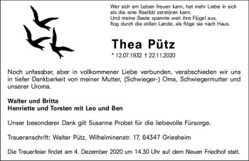 Traueranzeige von Thea Pütz von vrm-trauer