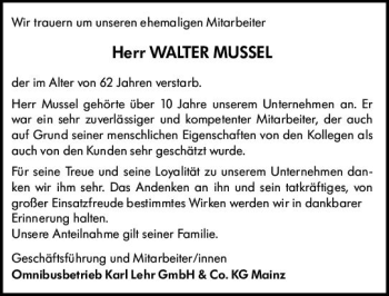 Traueranzeige von Walter Mussel von vrm-trauer