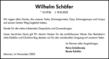Traueranzeige von Wilhelm Schäfer von vrm-trauer