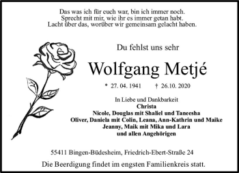 Traueranzeige von Wolfgang Metjer von vrm-trauer
