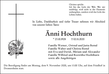 Traueranzeige von Änni Hochthurn von vrm-trauer
