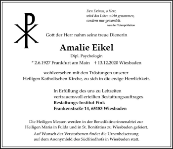 Traueranzeige von Amalie Eikel von vrm-trauer