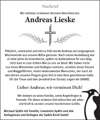Traueranzeige von Andreas Lieske von vrm-trauer
