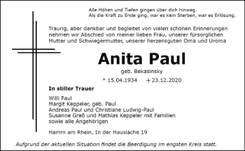 Traueranzeige von Anita Paul von vrm-trauer