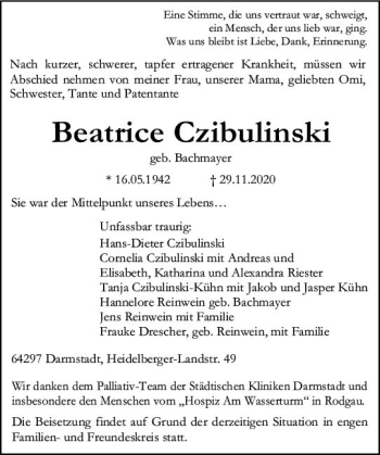 Traueranzeige von Beatrice Czibulinski von vrm-trauer