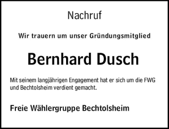 Traueranzeige von Bernhard Dusch von vrm-trauer