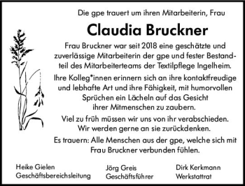 Traueranzeige von Claudia Bruckner von vrm-trauer