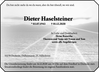 Traueranzeige von Dieter Haselsteiner von vrm-trauer
