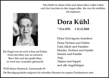 Traueranzeige von Dora Kühl von vrm-trauer