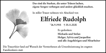 Traueranzeige von Elfriede Rudolph von vrm-trauer