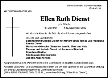 Traueranzeige von Ellen Ruth Dienst von vrm-trauer