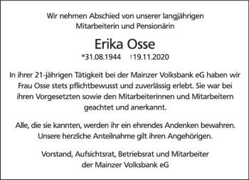 Traueranzeige von Erika Osse von vrm-trauer