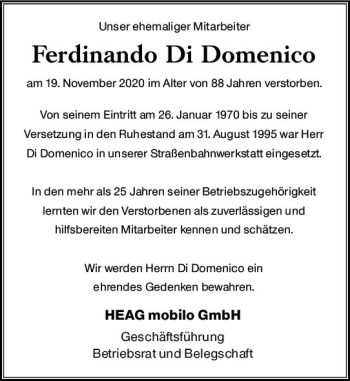 Traueranzeige von Ferdinando Di Domenico von vrm-trauer