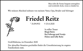 Traueranzeige von Friedel Reitz von vrm-trauer