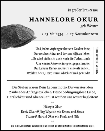 Traueranzeige von Hannelore Okur von vrm-trauer
