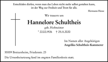 Traueranzeige von Hannelore Schultheis von vrm-trauer