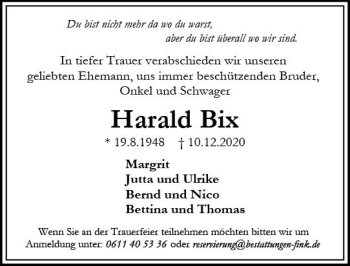 Traueranzeige von Harald Bix von vrm-trauer