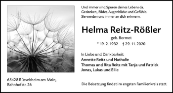 Traueranzeige von Helma Reitz-Rößler von vrm-trauer