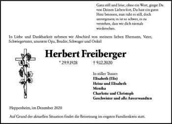 Traueranzeige von Herbert Freiberger von vrm-trauer