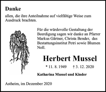 Traueranzeige von Herbert Mussel von vrm-trauer