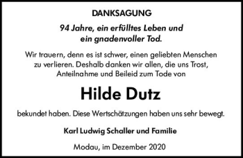 Traueranzeige von Hilde Dutz von vrm-trauer