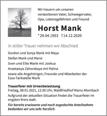Traueranzeige von Horst Mank von vrm-trauer