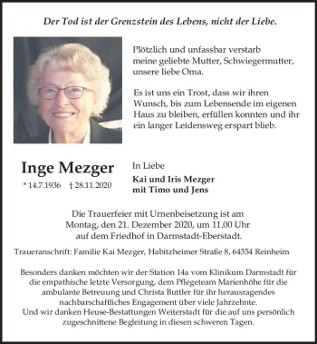 Traueranzeige von Inge Mezger von vrm-trauer