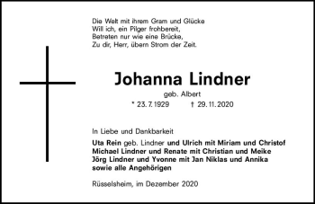 Traueranzeige von Johanna Lindner von vrm-trauer