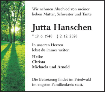 Traueranzeige von Jutta Hanschen von vrm-trauer