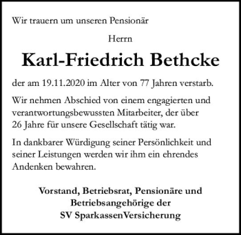 Traueranzeige von Karl-Friedrich Bethcke von vrm-trauer