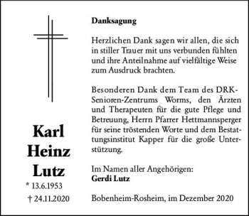 Traueranzeige von Karl Heinz Lutz von vrm-trauer