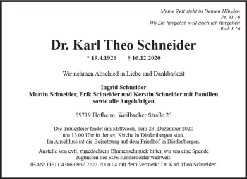 Traueranzeige von Karl Theo Schneider von vrm-trauer