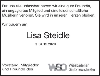 Traueranzeige von Lisa Steidle von vrm-trauer