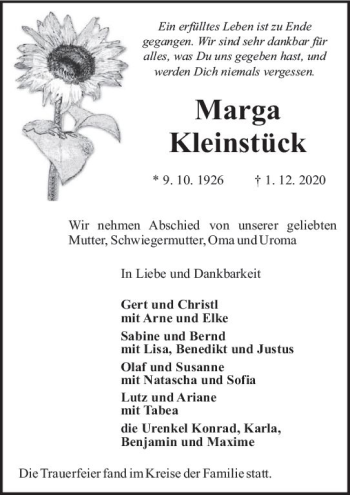 Traueranzeige von Marga Kleinstück von vrm-trauer
