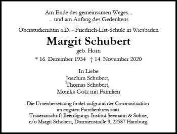 Traueranzeige von Margit Schubert von vrm-trauer