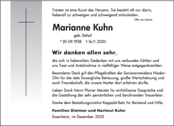 Traueranzeige von Marianne Kuhn von vrm-trauer