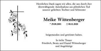 Traueranzeige von Meike Wittenberger von vrm-trauer