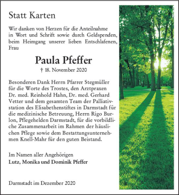 Traueranzeige von Paula Pfeffer von vrm-trauer