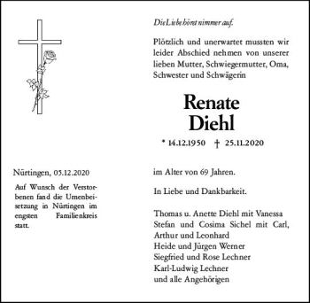 Traueranzeige von Renate Diehl von vrm-trauer