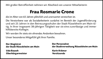Traueranzeige von Rosmarie Crone von vrm-trauer