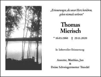 Traueranzeige von Thomas Mierisch von vrm-trauer