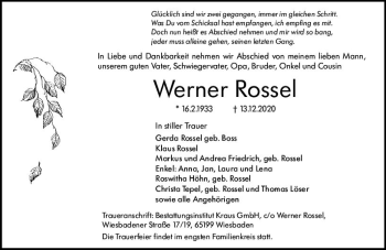 Traueranzeige von Werner Rossel von vrm-trauer