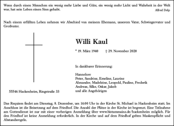 Traueranzeige von Willi Kaul von vrm-trauer
