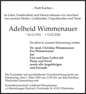 Traueranzeige von Adelheid Wimmenauer von vrm-trauer