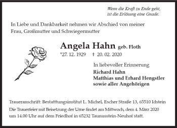 Traueranzeige von Angela Hahn von vrm-trauer