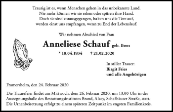 Traueranzeige von Anneliese Schauf von vrm-trauer