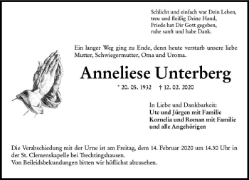 Traueranzeige von Anneliese Unterberg von vrm-trauer