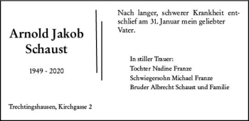 Traueranzeige von Arnold Jakob Schaust von vrm-trauer